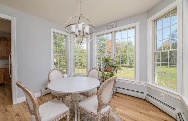 dining space featuring a healthy amount of sunlight, light hardwood / wood-style flooring, and a baseboard radiator