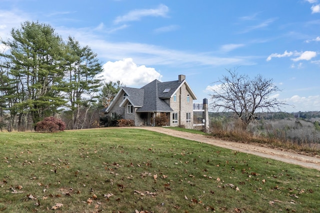 96 Bunker Hill Rd, Newcastle, ME 04553 - view of front of property with a front yard, a chimney, and stone siding