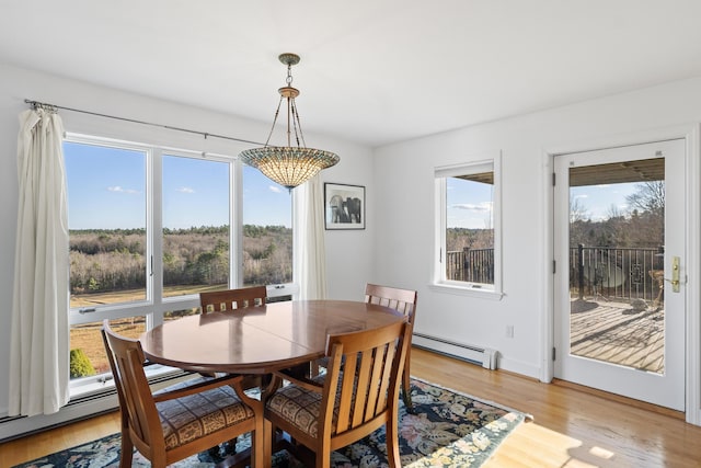 96 Bunker Hill Rd, Newcastle, ME 04553 - dining room featuring baseboard heating, light wood-type flooring, a chandelier, and baseboards