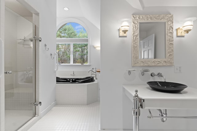 96 Bunker Hill Rd, Newcastle, ME 04553 - bathroom with a sink, a stall shower, a garden tub, and tile patterned flooring