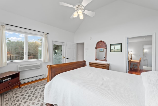 bedroom featuring ceiling fan, a baseboard radiator, light hardwood / wood-style flooring, high vaulted ceiling, and a wall unit AC