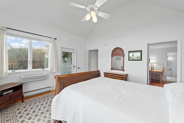 96 Bunker Hill Rd, Newcastle, ME 04553 - bedroom with a baseboard heating unit, wood finished floors, high vaulted ceiling, a ceiling fan, and an AC wall unit