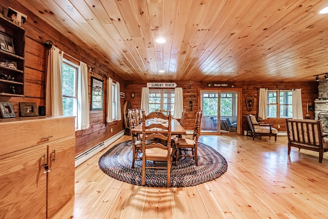 dining space with wooden walls, light wood-type flooring, wood ceiling, and a wealth of natural light