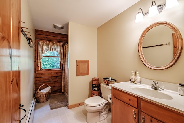 11 Goss Pond Rd, Bethel, ME 04217 - bathroom with vanity, baseboard heating, a shower with curtain, and tile patterned floors