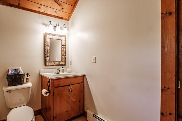 bathroom featuring wood ceiling, vanity, toilet, and vaulted ceiling