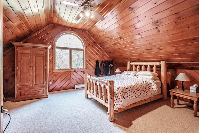 bedroom featuring wood walls, ceiling fan, light colored carpet, and wooden ceiling