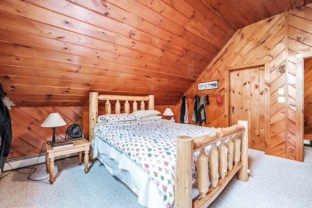 carpeted bedroom featuring wooden walls, wood ceiling, and lofted ceiling