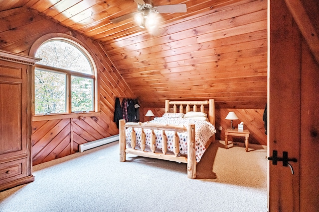 bedroom with ceiling fan, wood ceiling, wood walls, a baseboard heating unit, and carpet floors