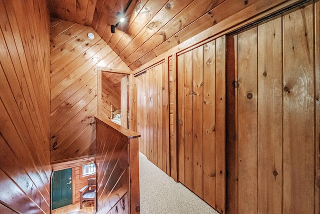 interior space featuring wooden ceiling, lofted ceiling, wooden walls, and carpet floors