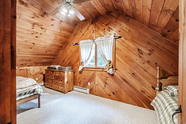 carpeted bedroom featuring ceiling fan, a baseboard radiator, wooden walls, and wooden ceiling