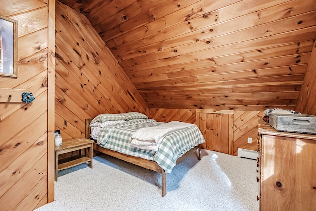 bedroom featuring wooden walls, vaulted ceiling, and light colored carpet