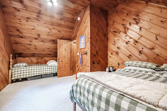 11 Goss Pond Rd, Bethel, ME 04217 - bedroom featuring carpet floors, wooden walls, vaulted ceiling, and wooden ceiling