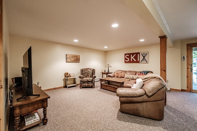 11 Goss Pond Rd, Bethel, ME 04217 - carpeted living room featuring recessed lighting and ornamental molding