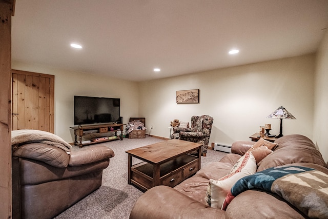 living room featuring carpet and baseboard heating