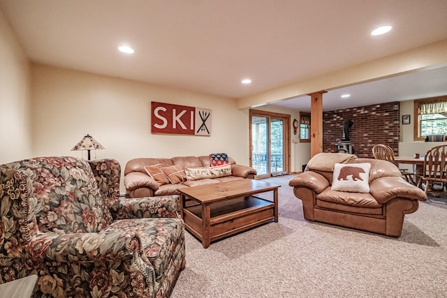 11 Goss Pond Rd, Bethel, ME 04217 - living area featuring a wood stove, carpet flooring, and recessed lighting