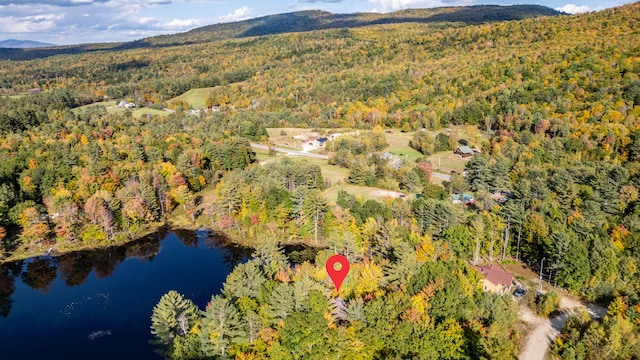 drone / aerial view featuring a water and mountain view