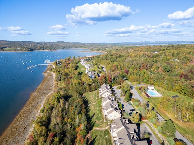 bird's eye view featuring a water view and a view of trees