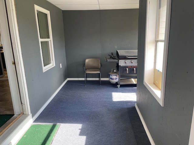 unfurnished room with carpet floors and a paneled ceiling