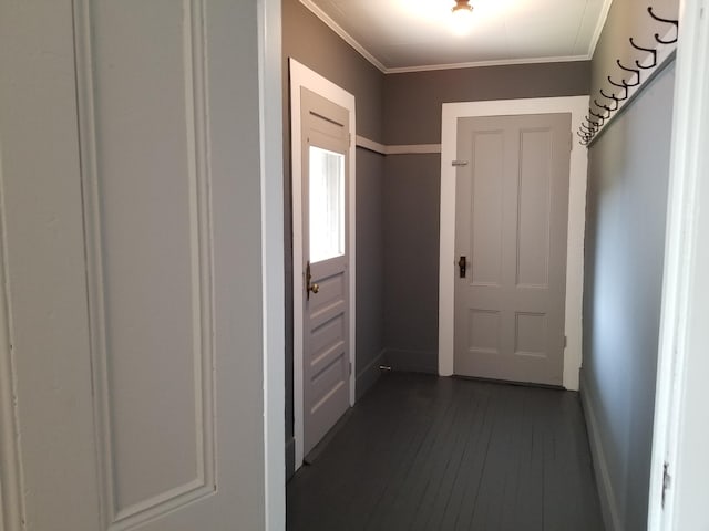 hallway with dark wood-type flooring and ornamental molding