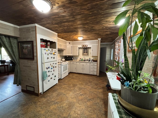 kitchen with white cabinets, sink, white appliances, brick wall, and wooden ceiling