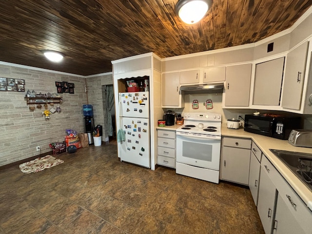 kitchen featuring wood ceiling, white appliances, white cabinetry, and sink