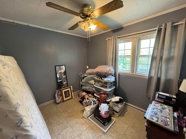 bedroom with ceiling fan and ornamental molding