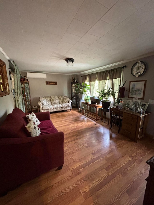 living room with an AC wall unit and hardwood / wood-style flooring