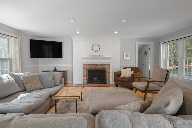 living room with a fireplace