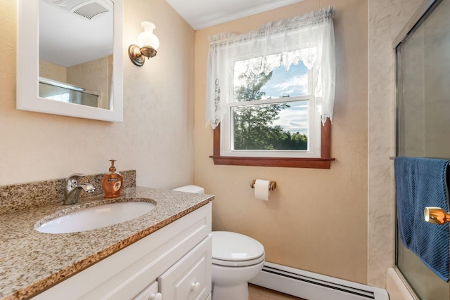 full bathroom featuring vanity, baseboard heating, tile patterned flooring, and toilet