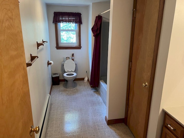 full bathroom featuring baseboard heating, vanity, shower / bath combo, and toilet