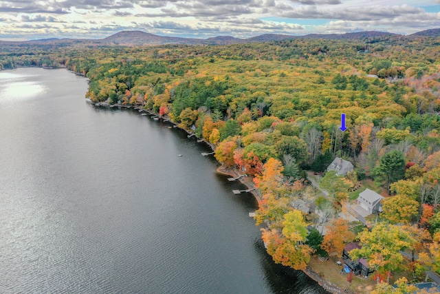 drone / aerial view featuring a water and mountain view