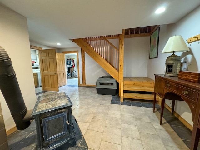 interior space with a wood stove