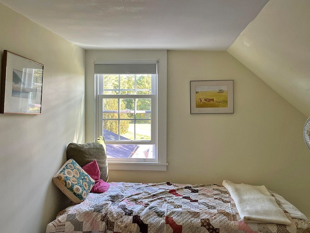 bedroom featuring lofted ceiling and multiple windows