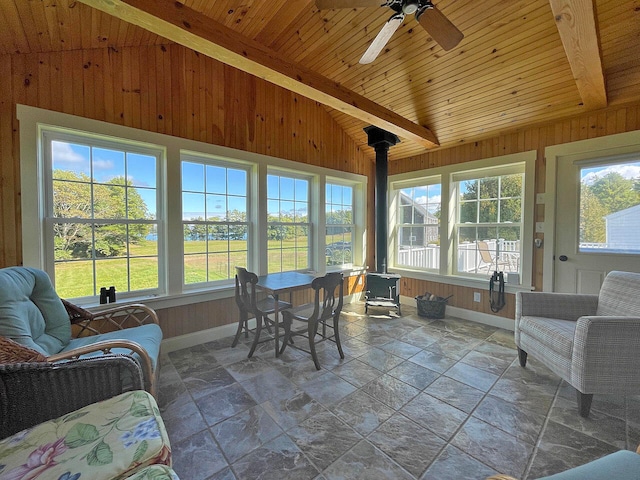 sunroom / solarium with ceiling fan, lofted ceiling with beams, wooden ceiling, and a wealth of natural light