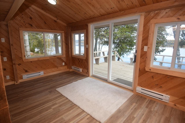 doorway to outside featuring lofted ceiling with beams, wood walls, a water view, and dark hardwood / wood-style flooring