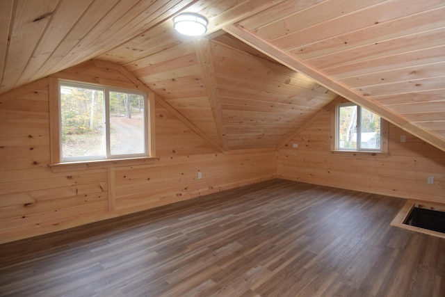 additional living space with lofted ceiling, dark hardwood / wood-style flooring, a healthy amount of sunlight, and wooden ceiling