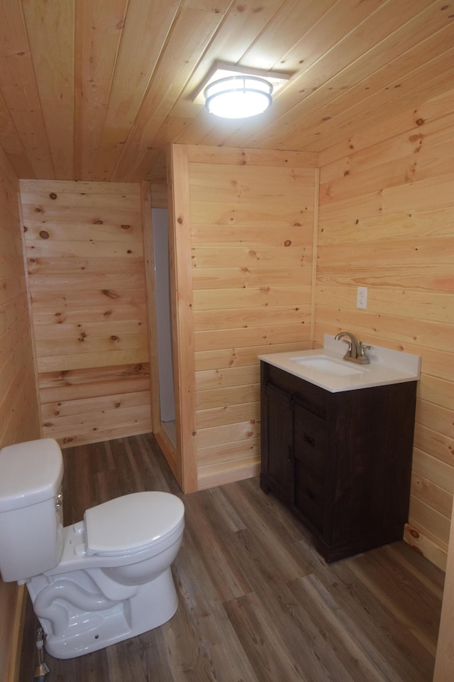 bathroom with toilet, wood walls, and vanity