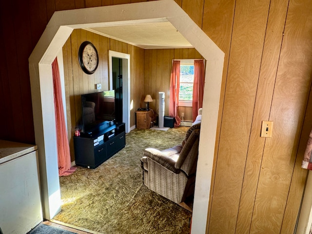 living room with baseboard heating, wooden walls, and carpet floors