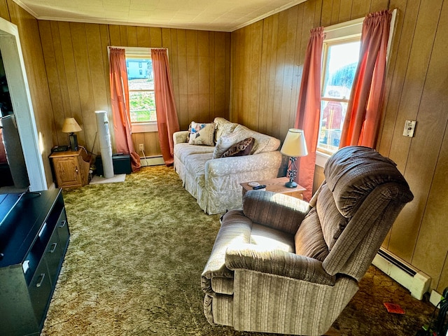 sitting room featuring carpet floors, baseboard heating, and wooden walls