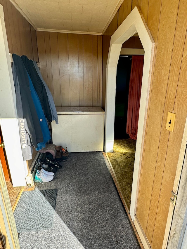 corridor with crown molding, wooden walls, and carpet flooring