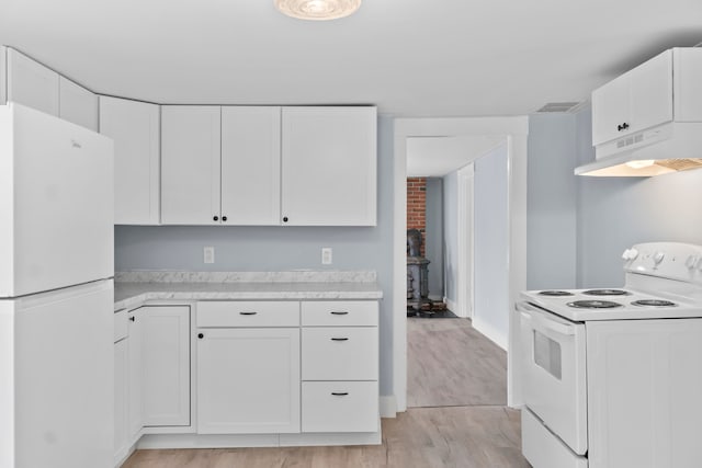 kitchen with light wood-type flooring, white appliances, white cabinetry, and ventilation hood