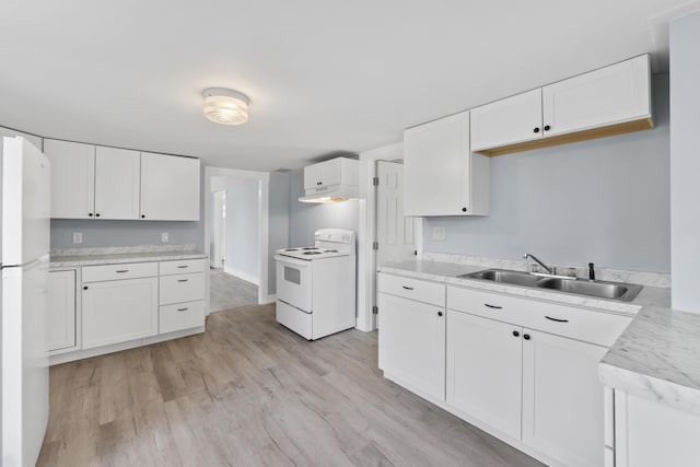 5 Harbor Rd, Friendship, ME 04547 - kitchen featuring white appliances, a sink, light wood-type flooring, white cabinetry, and light countertops