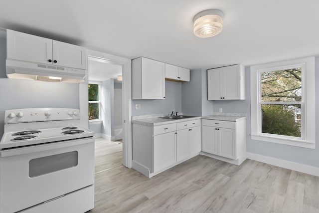 5 Harbor Rd, Friendship, ME 04547 - kitchen with white range with electric cooktop, under cabinet range hood, light wood-style flooring, light countertops, and a sink