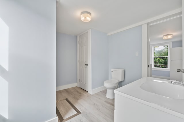 bathroom with hardwood / wood-style flooring, vanity, and toilet