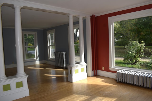 interior space with radiator, hardwood / wood-style flooring, and crown molding