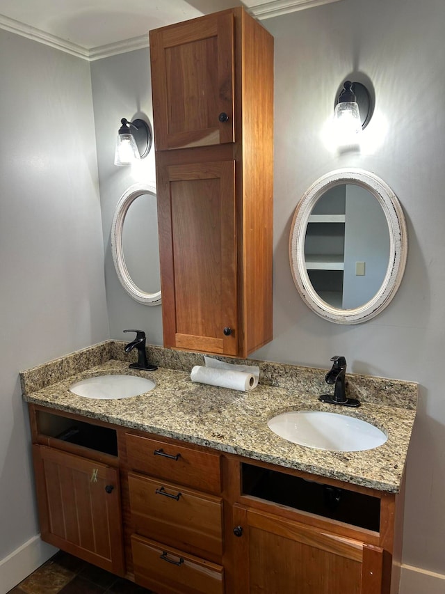 bathroom with vanity and ornamental molding