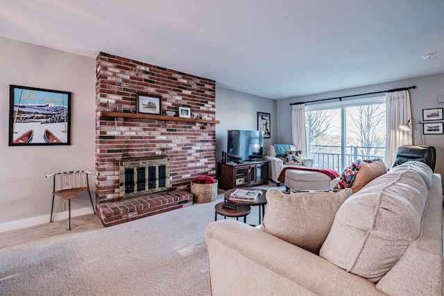 carpeted living room with a fireplace