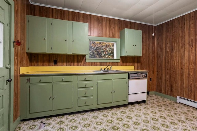 kitchen featuring dishwasher, wooden walls, crown molding, and sink