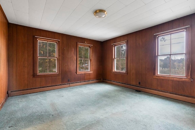 carpeted spare room with wooden walls and baseboard heating