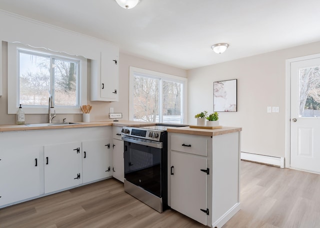 kitchen with a baseboard heating unit, sink, white cabinetry, light hardwood / wood-style flooring, and stainless steel electric stove